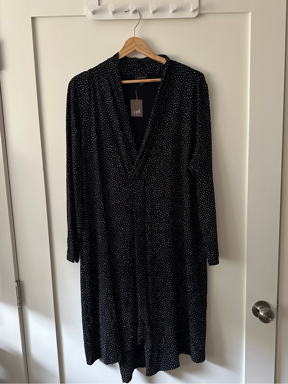 J. Jill Black Long Sleeve faux wrap V-Neck Dress with White Polka Dots